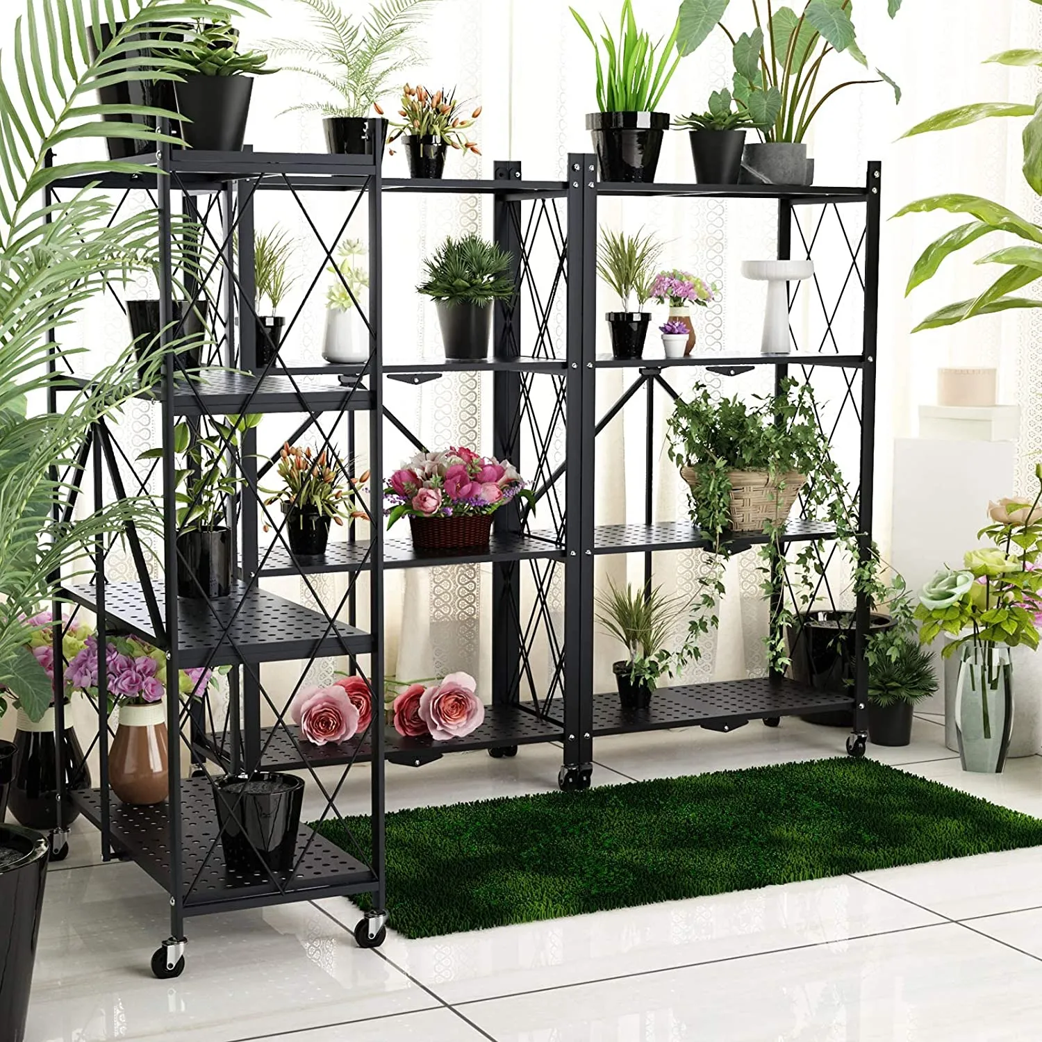 5-Tier Foldable Metal Rack Storage Shelving Unit with Wheels, for Flowers and Planters