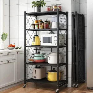 5-Tier Foldable Metal Rack Storage Shelving Unit with Wheels, for Kitchen